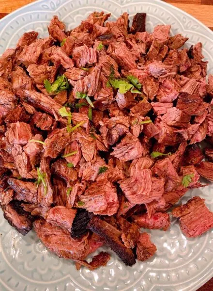 Chopped Carne Asada on a serving plate