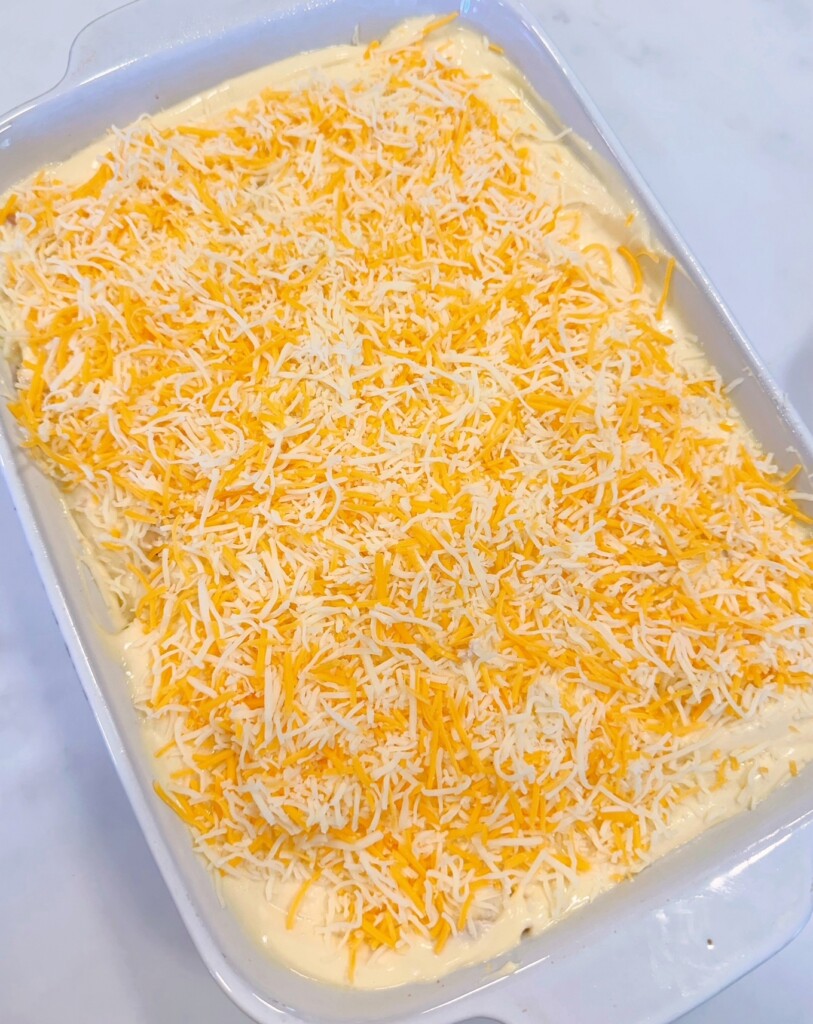 Shredded cheese on top of cream sauce.