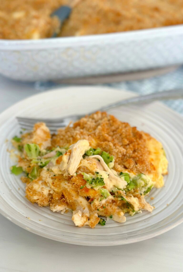 Chicken Broccoli Casserole on a dinner plate with a fork.