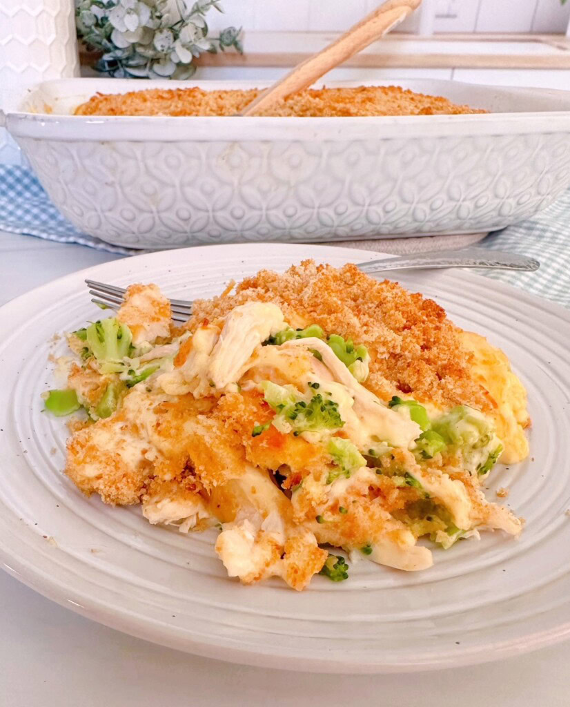 Chicken Broccoli Casserole serving on a small dinner plate.