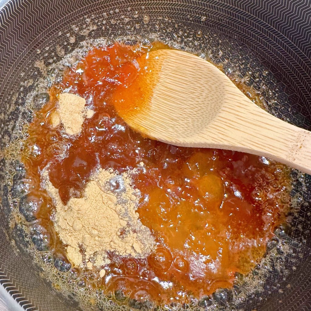 Apricot jam, barbecue sauce, seasonings in a medium sauce pan over medium-high heat.