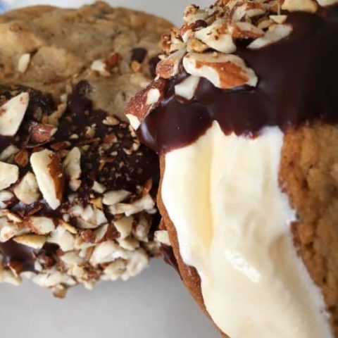 chocolate chip cookie with ice cream in between