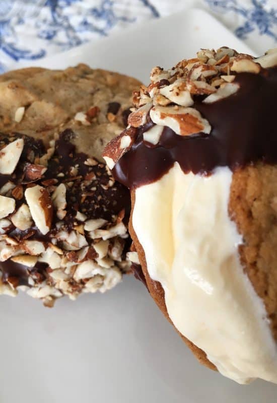 chocolate chip cookie with ice cream in between