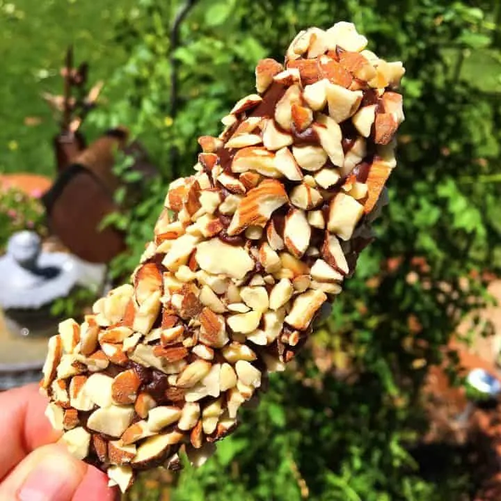 Holding a hand dipped frozen banana outside.