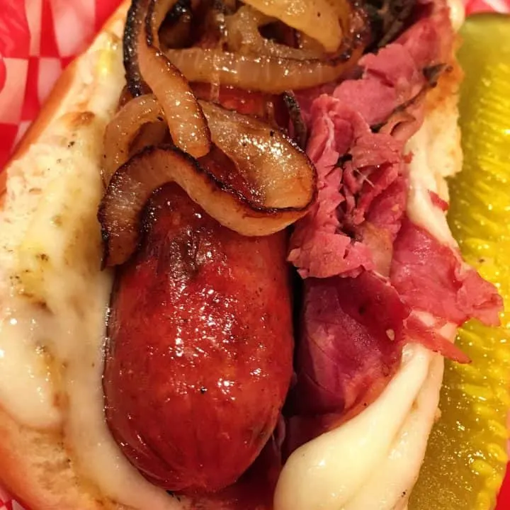 All Beef Hot Dog grilled to perfection topped with caramelized onions and pastrami.