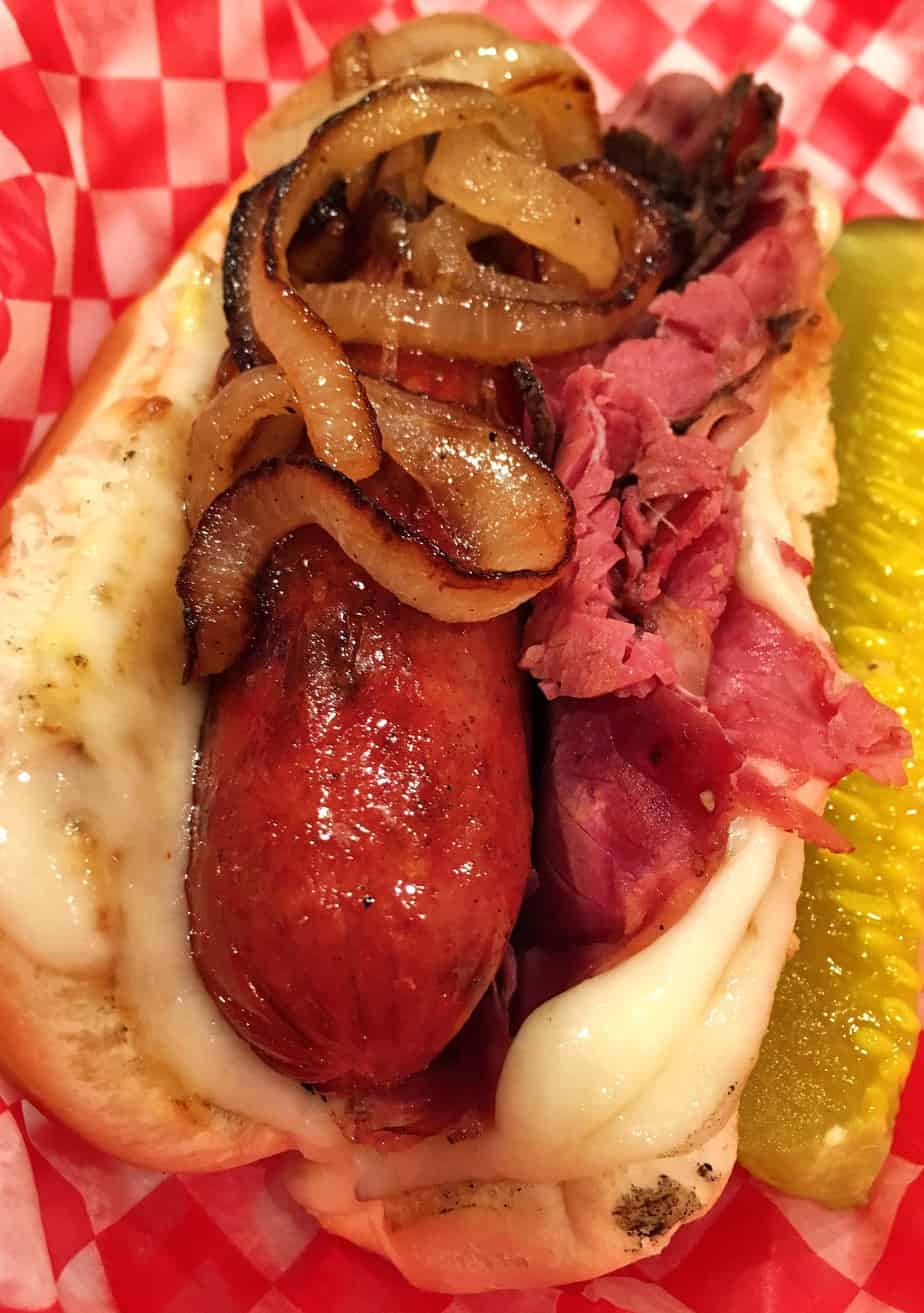 All Beef Hot Dog grilled to perfection topped with caramelized onions and pastrami.
