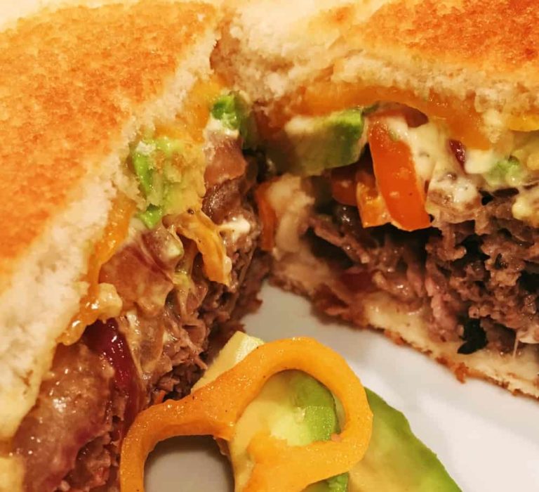 Roast Beef Grilled Cheese Gliders cut in half.