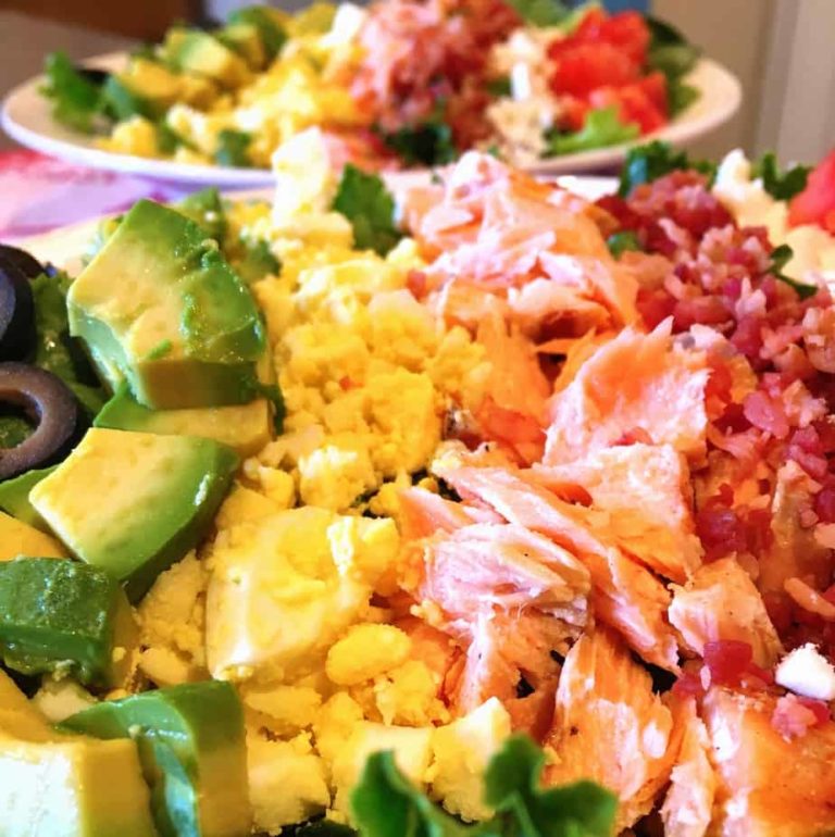 close-up of salmon cobb salad.