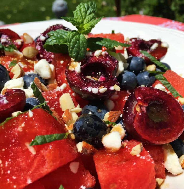 close-up of watermelon summer salad.