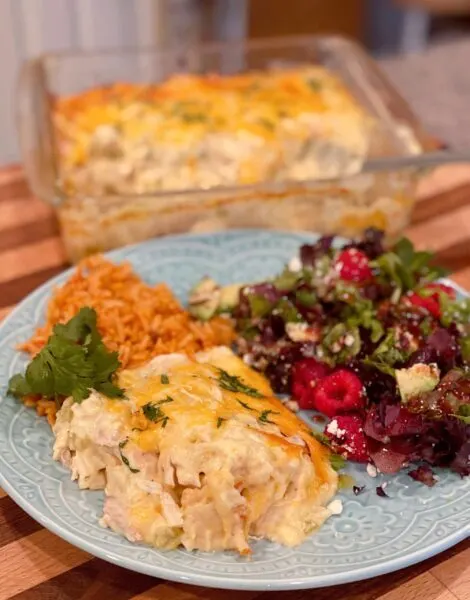 Chicken Tortilla Casserole with salad and rice