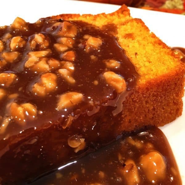 Pumpkin Pound Cake loaf with caramel walnut sauce