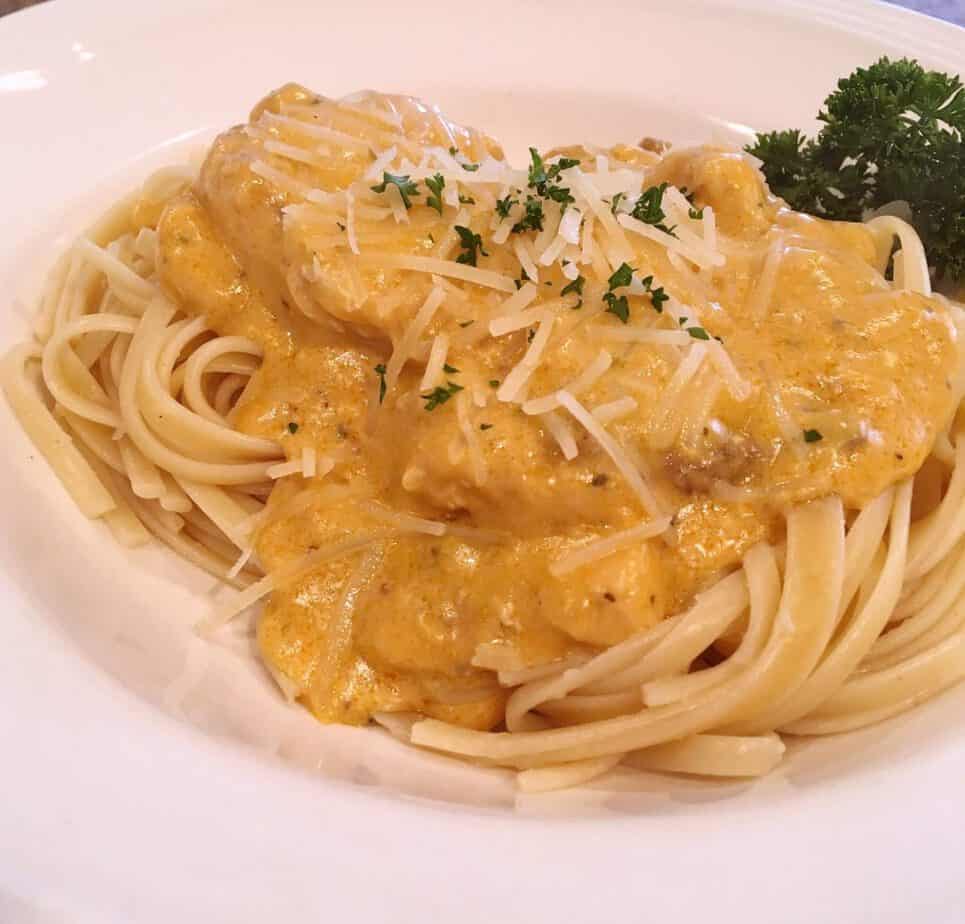 Angel Chicken Sauce over pasta made in the slow cooker.