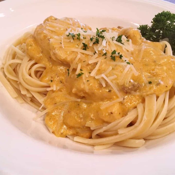Angel Chicken Sauce over pasta made in the slow cooker