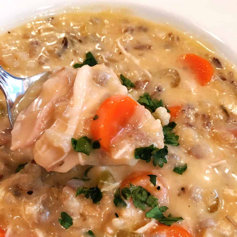 A soup with wild rice and chicken