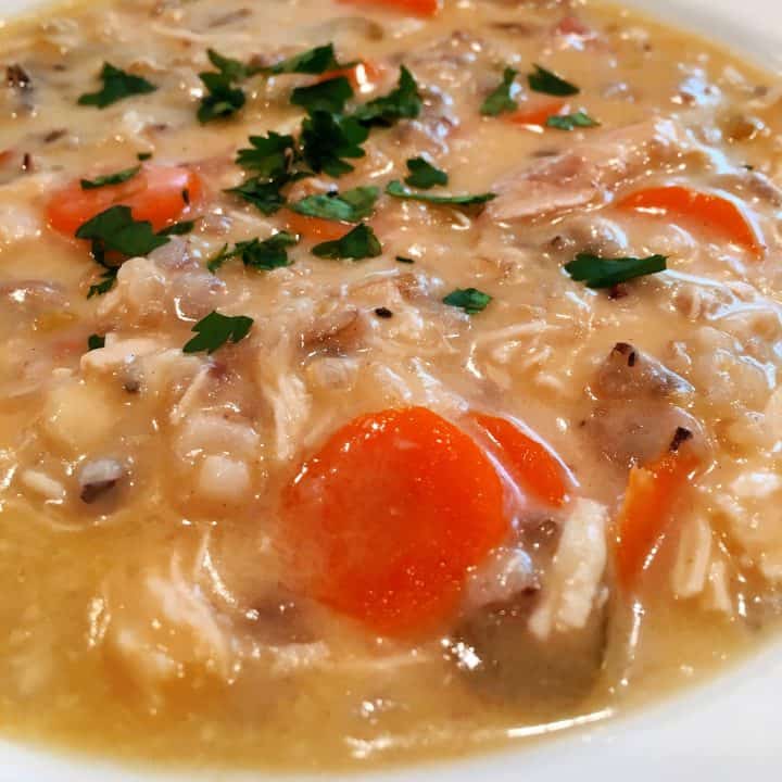 Creamy Chicken and Wild Rice Soup in a bowl ready to eat.