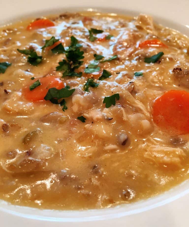 Close-up creamy chicken and wild rice soup.