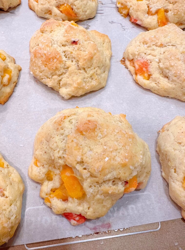 Scones on the baking tray after being baked.