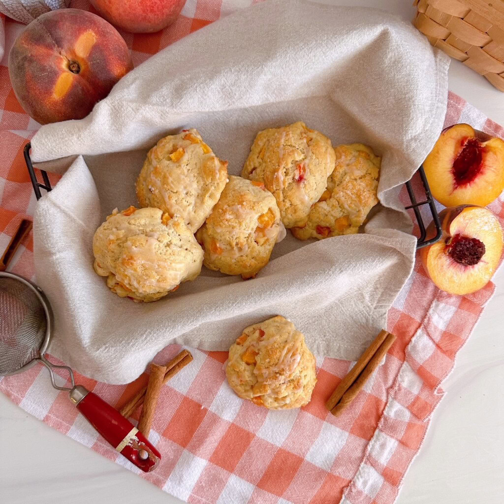 Over head shot of peach scones in a basket.