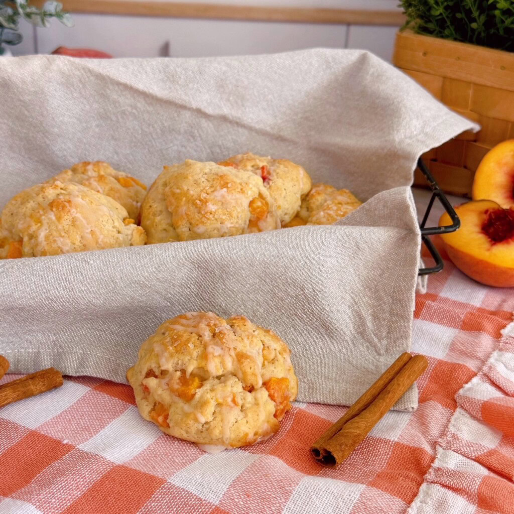 Perfect peach scones in a basket.