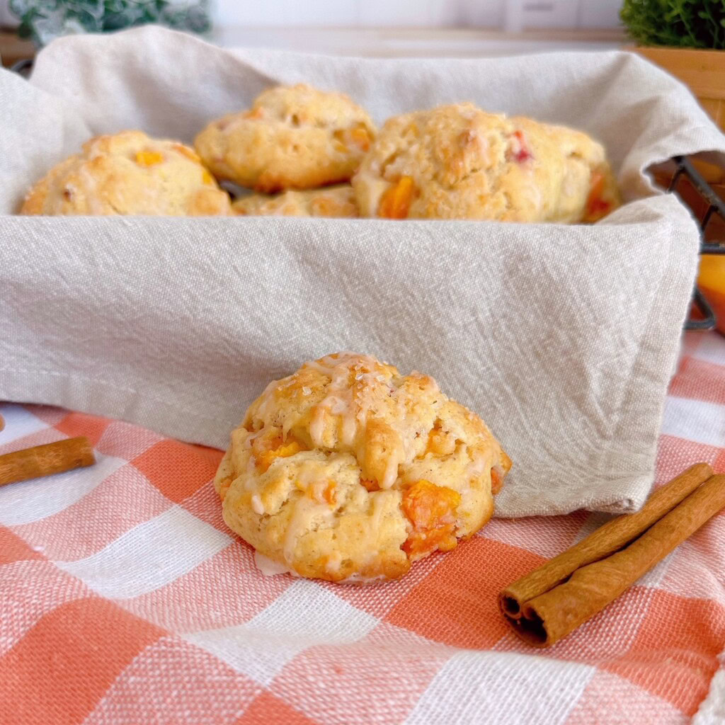 Peach Scones ready to eat in a serving basket.
