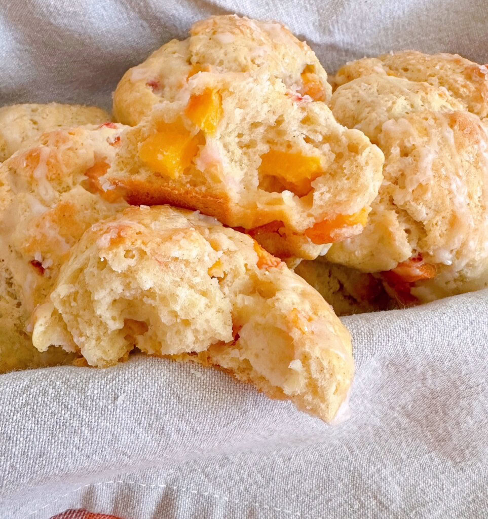 Close up of Peaches and Cream Scones broken open.