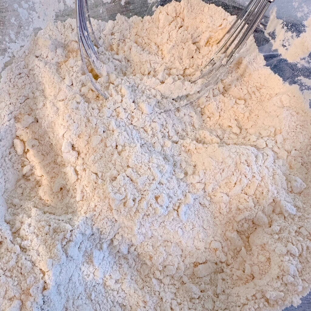 Crumb created using flour and dry ingredients by blending in the butter.