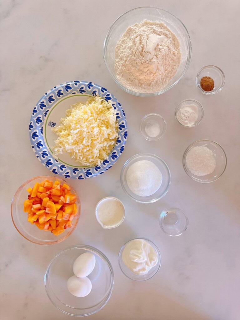 Peach Scone Ingredients on a white counter top.
