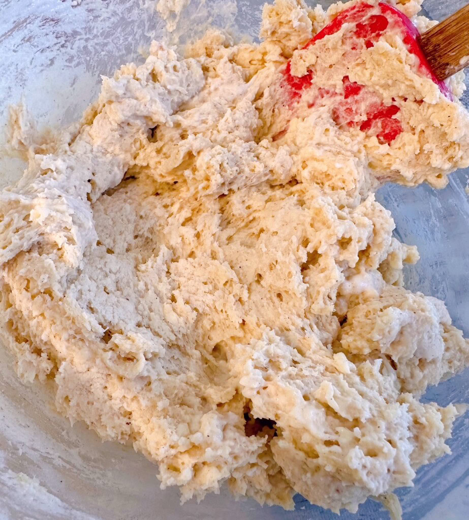 Scone dough that is combined and slightly sticky.