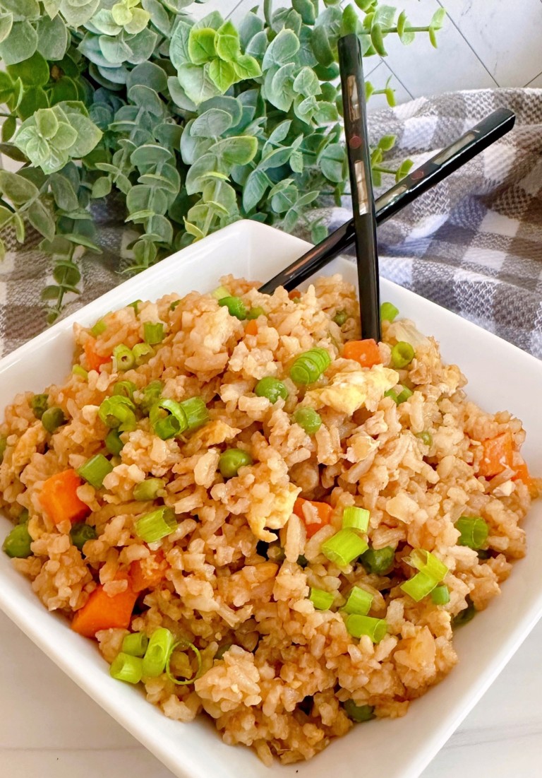 Fried Rice in a white square dish.