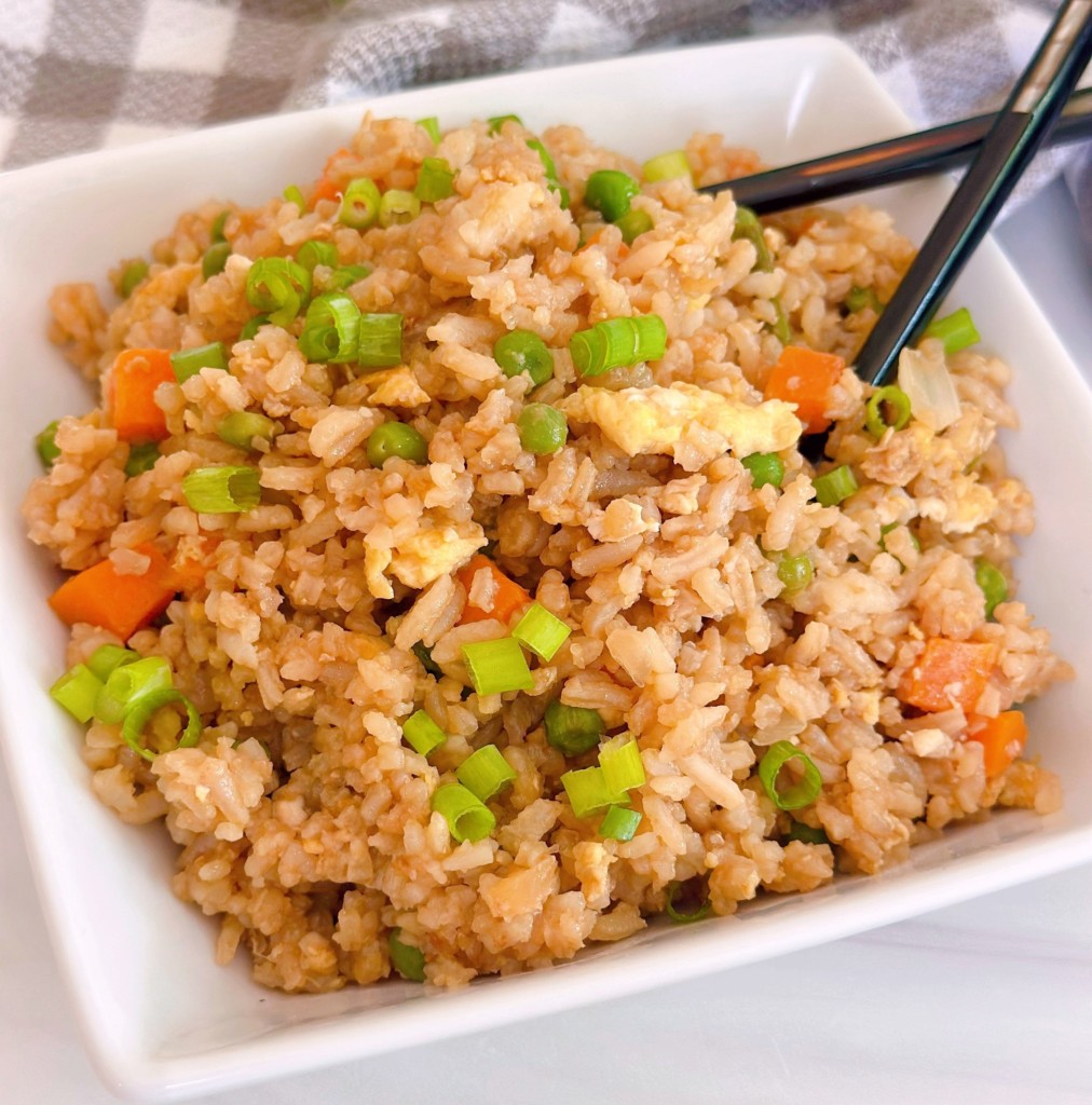 Fried Rice in a square dish upclose.