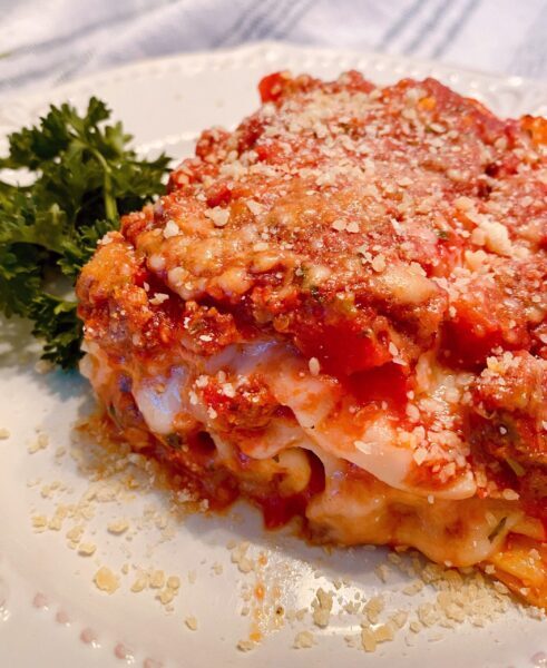 piece of lasagna on a plate