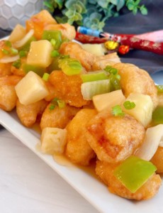 Sweet and Sour Chicken on a platter ready to eat.
