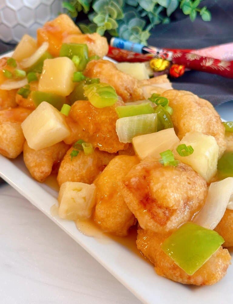Sweet and Sour Chicken on a platter ready to eat.