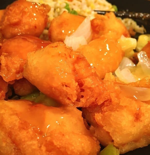 Chicken pieces lightly breaded and glazed with a sweet and sour sauce