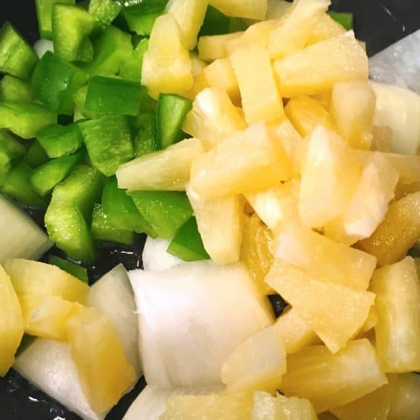 diced green pepper, pineapple, and onion for sweet and sour chicken