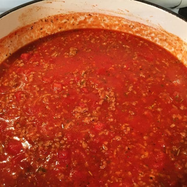 Rich Lasagna Meat Sauce in a big pot.