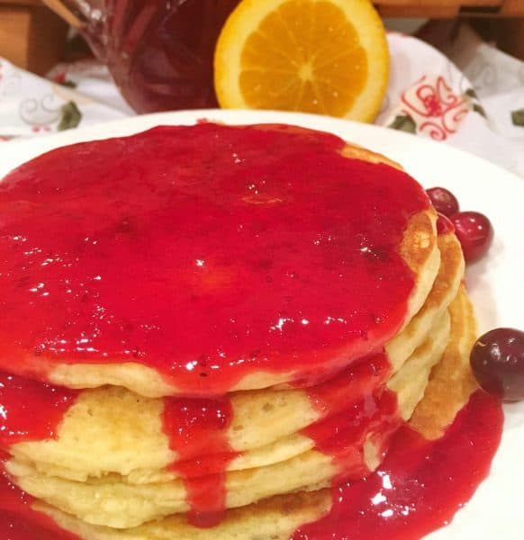 cranberry-orange-pancakes with cranberry orange syrup