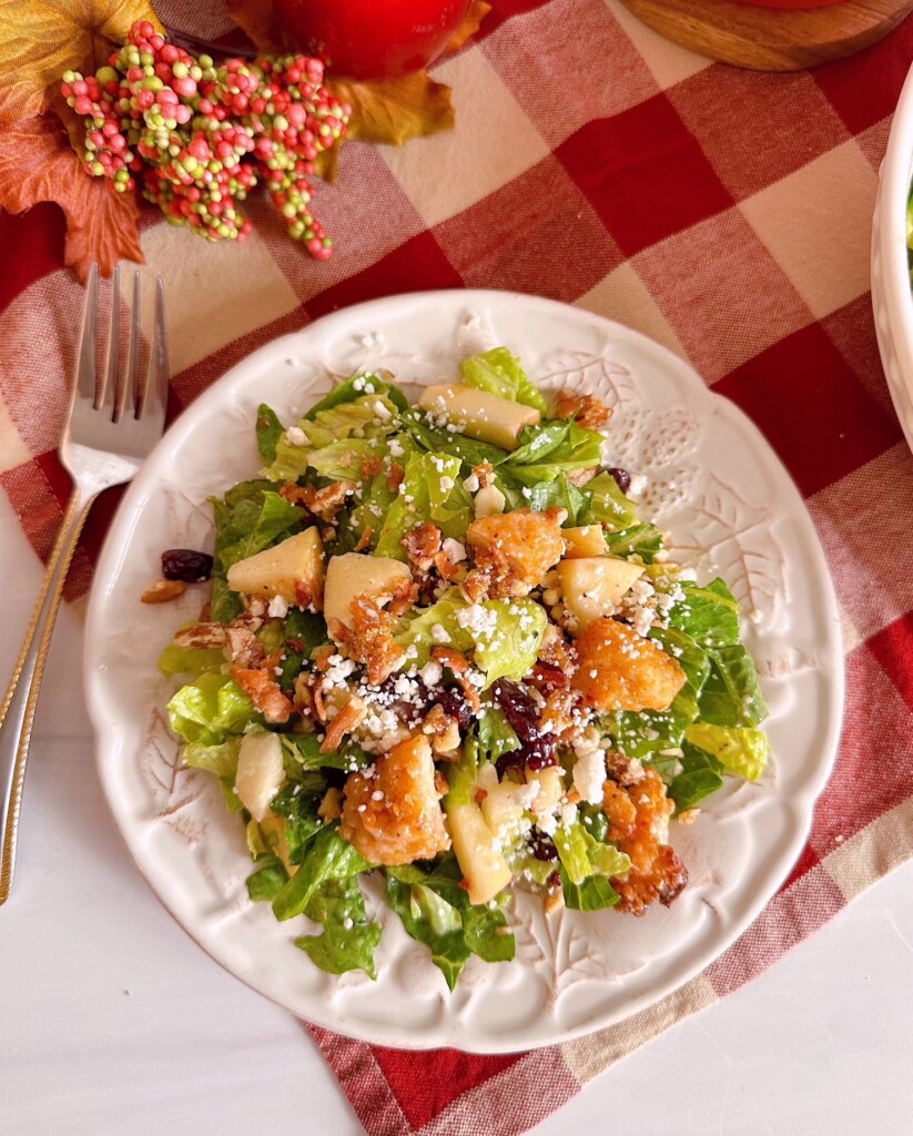Chopped Autumn Harvest Salad on a salad plate with a fork.