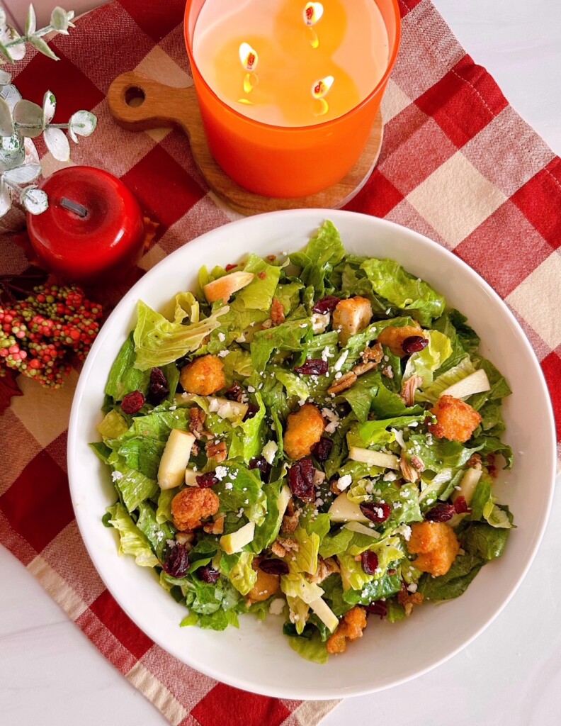 Chopped Harvest Autumn Salad over head shot, in a large salad bowl.