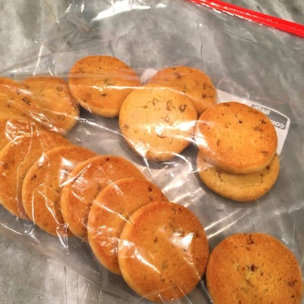 Pecan Sandies in a zip lock bag ready to be crushed