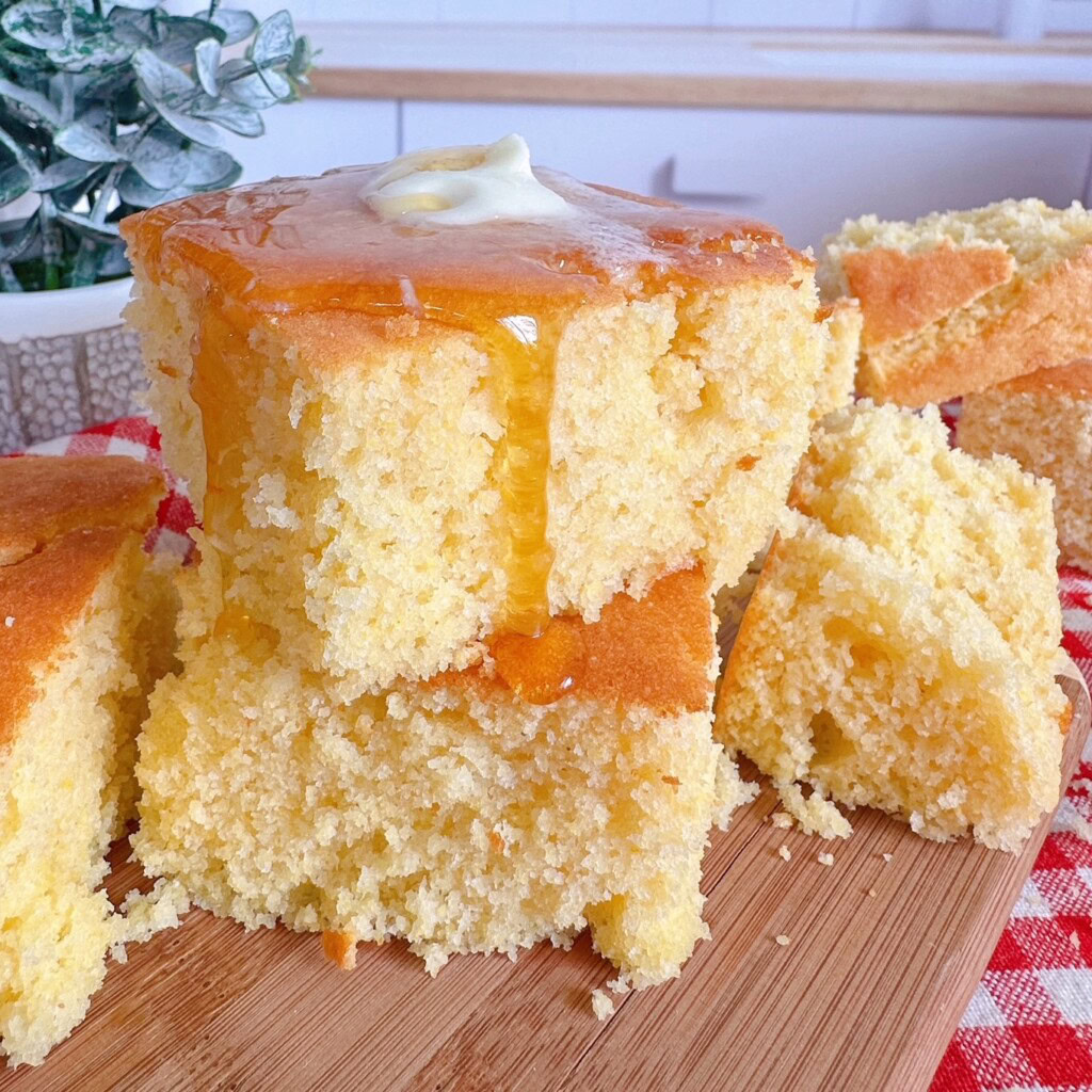 Buttery Sweet Cornbread stacked with butter and honey drizzle.