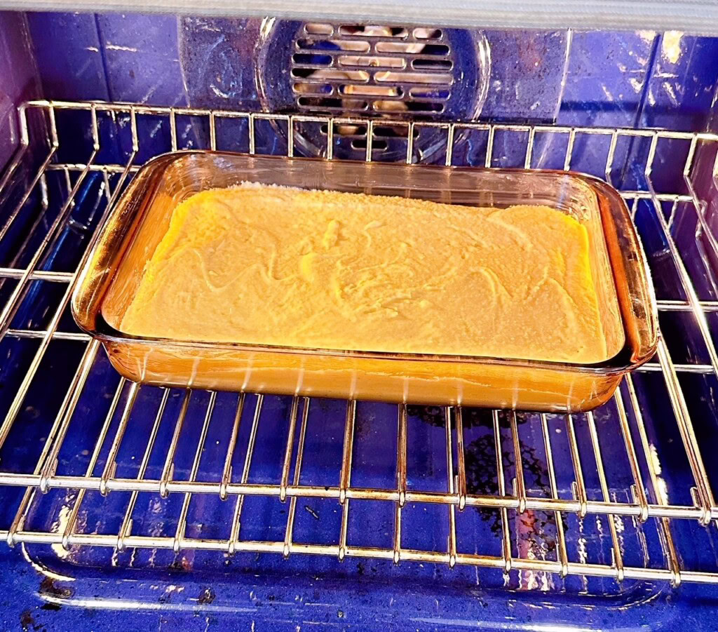Baking cornbread in preheated oven.
