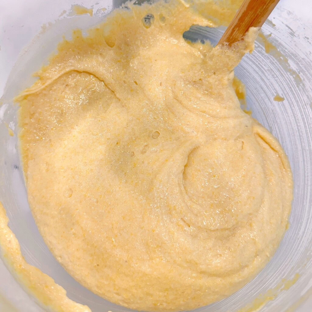 Combine wet and dry ingredients in a mixing bowl.