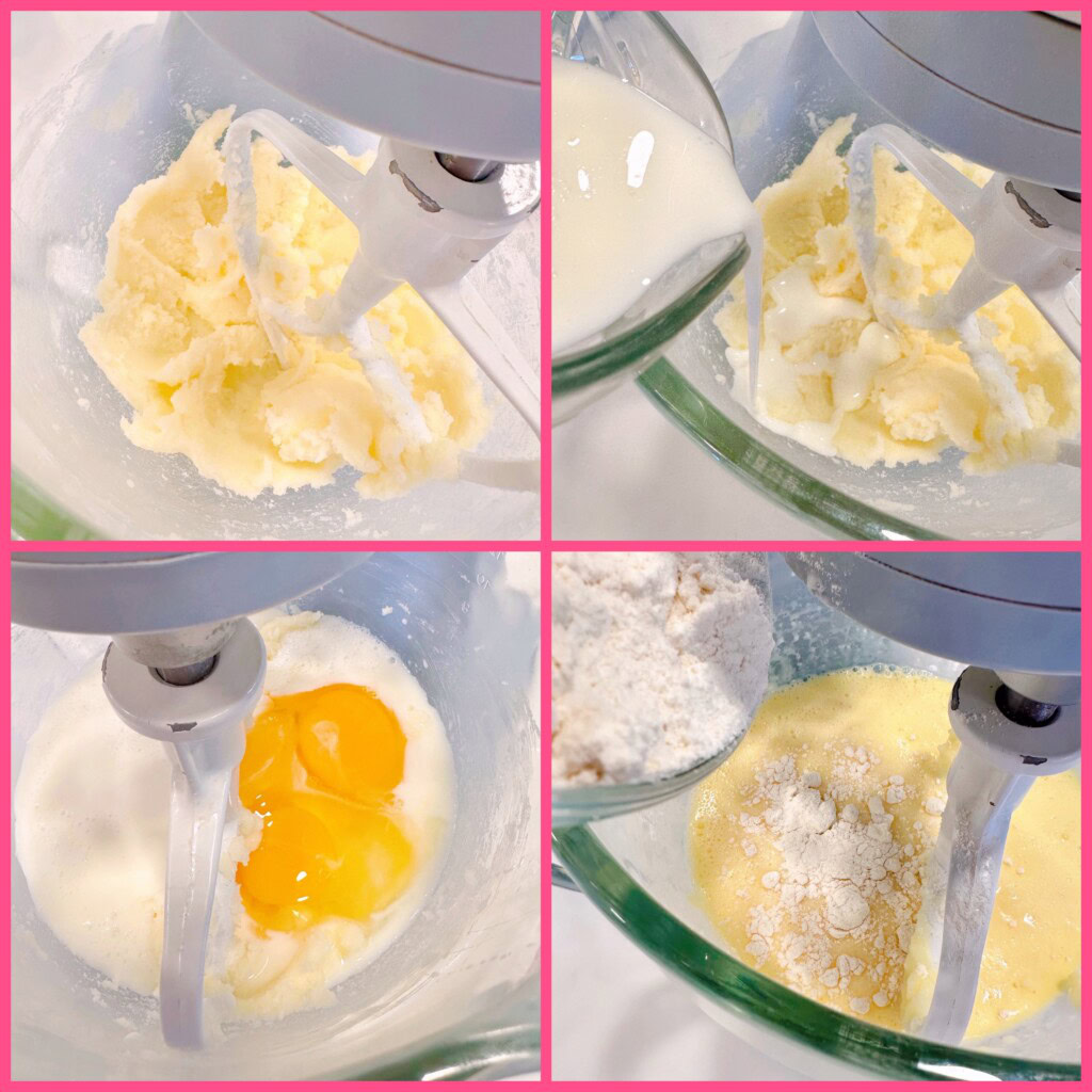 Creaming together butter and sugar and adding wet ingredients to mixing bowl.