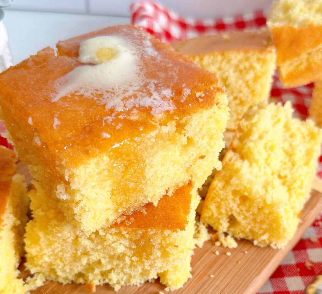 Sweet Buttery Cornbread upclose with melted butter and honey.