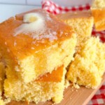 Sweet Buttery Cornbread upclose with melted butter and honey.