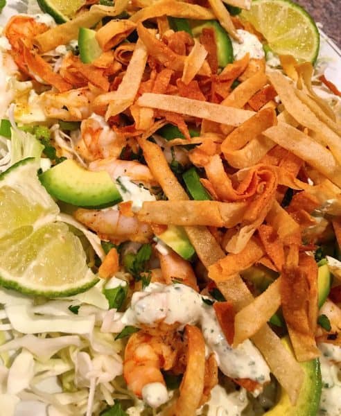 Shrimp Taco Salad with crunchy tortilla strips