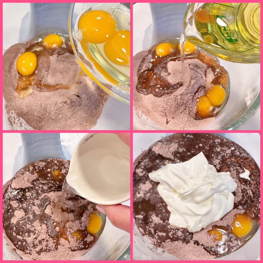 A cluster of photos showing ingredients being added to a mixing bowl for chocolate bundt cake.