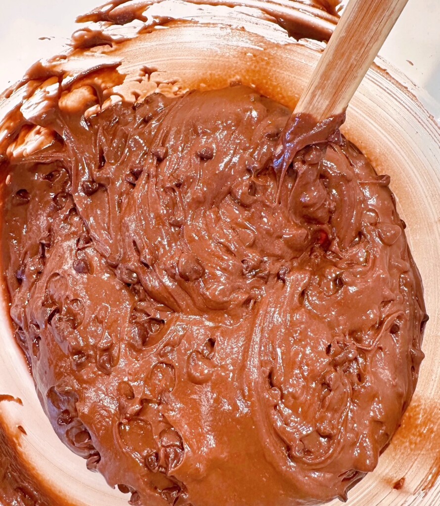 Cake Batter with chocolate chips added in and sides of bowl scrapped down.