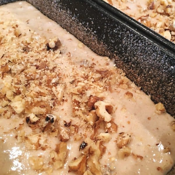 Battered poured into bread pans ready to go in the oven